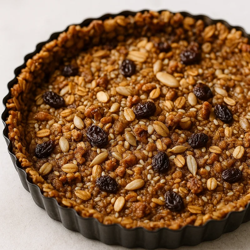 Crunchy granola as a thin layer inside a modern cake in a professional pastry kitchen