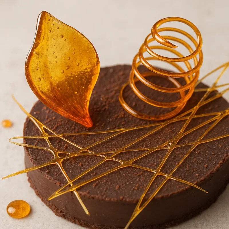 Cooked sugar and isomalt decorations: clear glass, threads and cast pieces