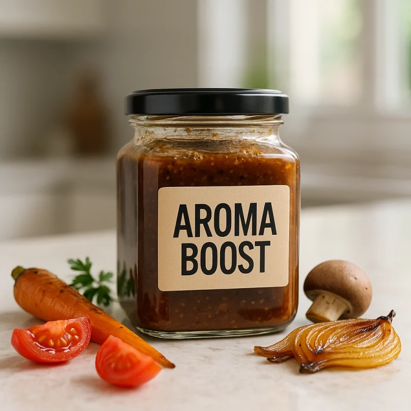 Zlato zapečeno meso v ponvi na marmornem pultu prikazuje receptni boost za večjo aromo brez dodatkov