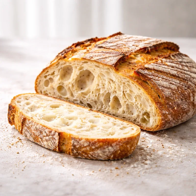 Ripe fermented bread dough and sliced aromatic artisan loaf in a professional bakery kitchen