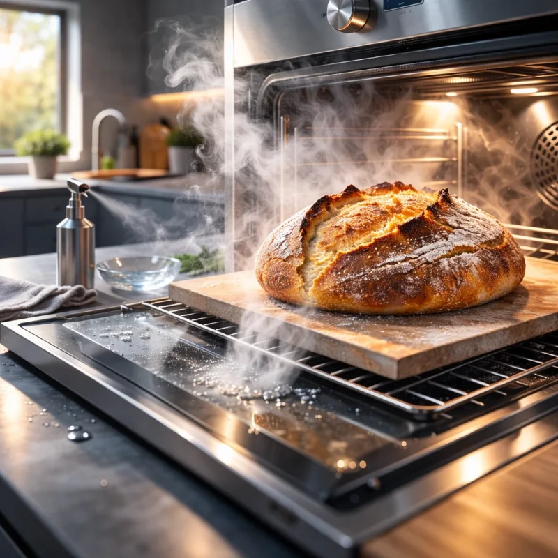 Brot auf Backstein in einer professionellen Backküche mit sichtbarem Dampf und kontrolliert trocknender Kruste