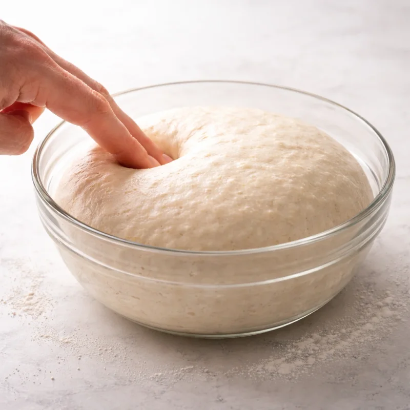 Test du doigt sur une pâte bien fermentée montrant une pousse régulière et une bonne tension de surface
