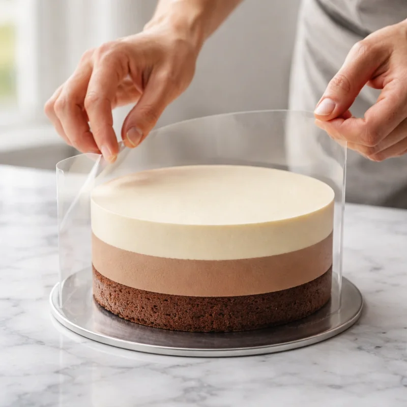 Hands fitting a clear acetate cake collar around a layered mousse cake