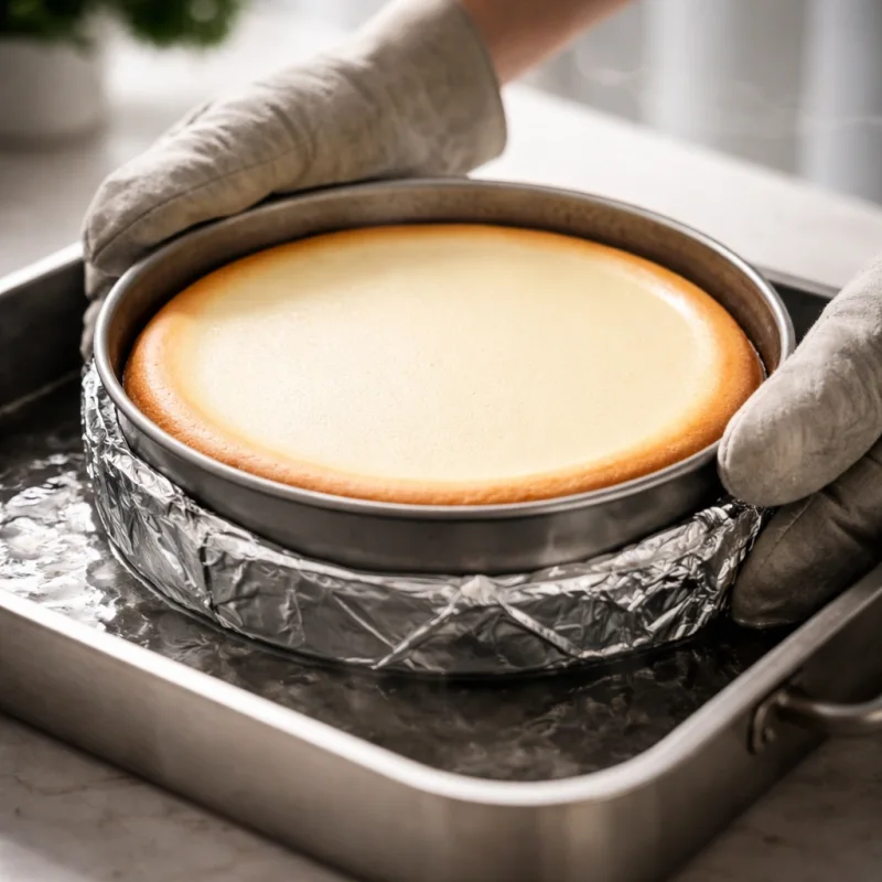 Gladek cheesecake brez razpok med dvigom iz vodne kopeli z enakomerno pečeno površino