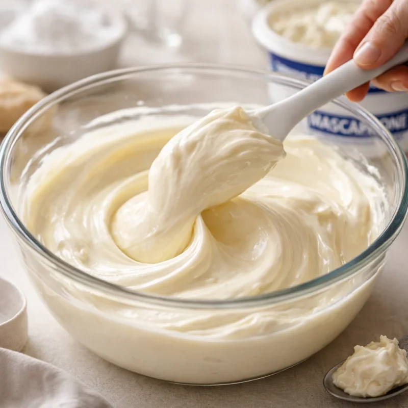 Gladka mascarpone krema na lopatici nad stekleno posodo