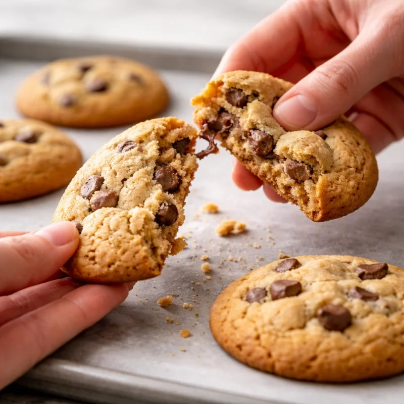 A soft cookie being broken open, showing a tender center and lightly crisp edge