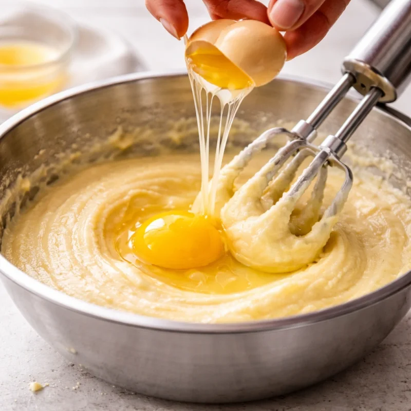 Egg being added gradually to a smooth creamed butter and sugar mixture in a professional kitchen