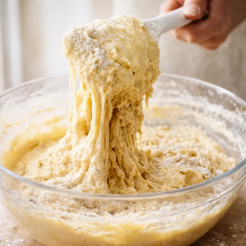 Thick sponge-cake batter on a spatula in a professional pastry kitchen