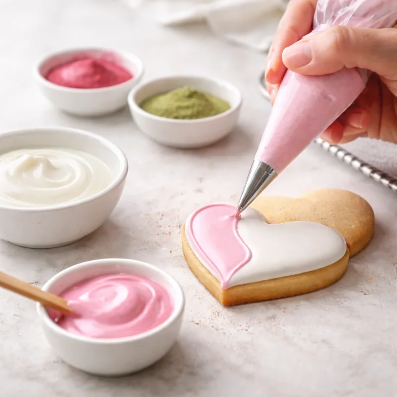 Glace royale colorée naturellement en plusieurs tons doux pendant la décoration de biscuits