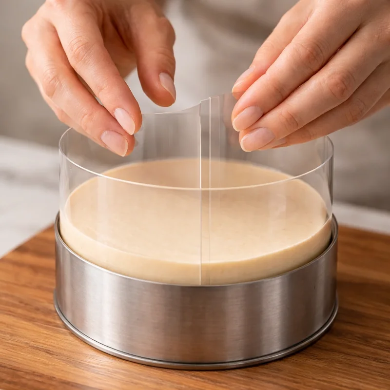 Manos alinean la junta de una tira de acetato transparente dentro de un aro metálico para un lateral de mousse liso