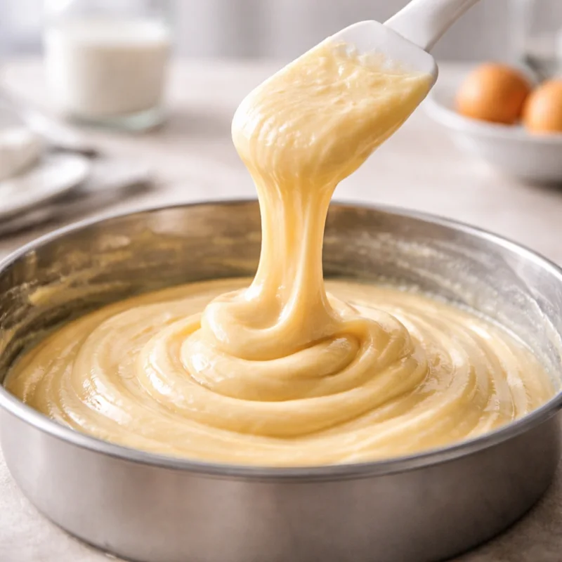 Thick aerated egg-and-sugar mixture falling in a stable ribbon in a professional pastry kitchen