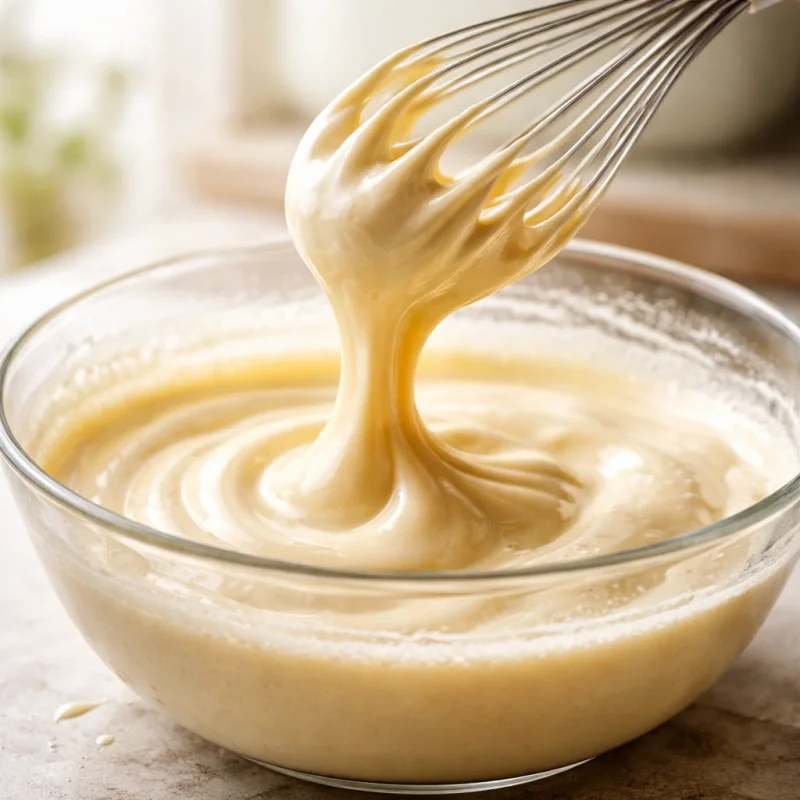 Pale, thick egg-and-sugar foam falling from a whisk in a broad ribbon into a mixing bowl