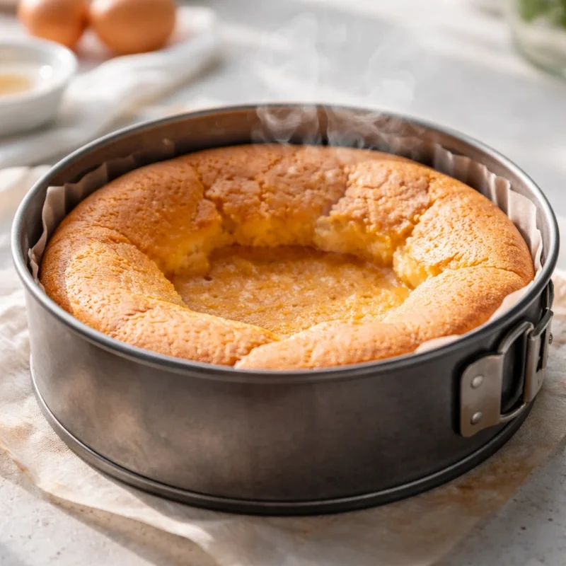 Baked sponge cake with a clearly sunken centre and firmer outer edge in a professional pastry kitchen