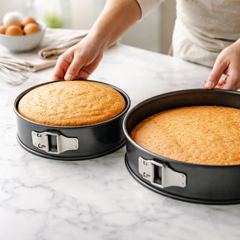 Comparison of cake batter depth in a smaller and larger round pan in a professional pastry kitchen