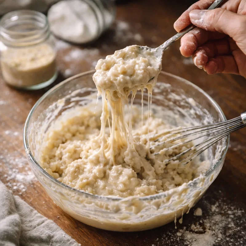 A thick sticky mixture being stirred shows the result of an overly high or poorly matched starch proportion