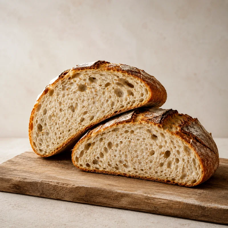 Cooled sliced loaf with an evenly browned crust and a stable crumb