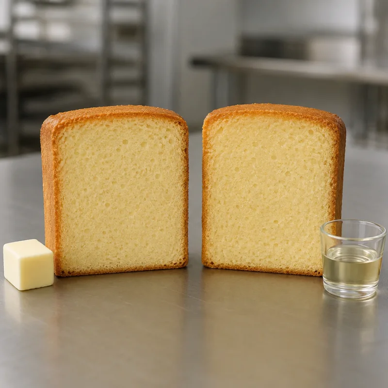 Two equal cake slices, one with a firmer butter crumb and one with a softer oil-based crumb