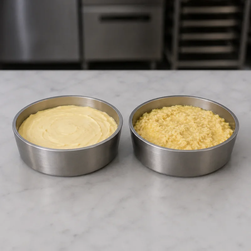 Butter, eggs and milk with a probe thermometer in a professional pastry kitchen showing correct ingredient temperature