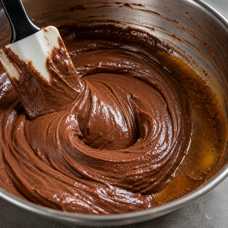 Una espátula mezcla crema de chocolate y en el borde del bol se aprecia una ligera separación aceitosa