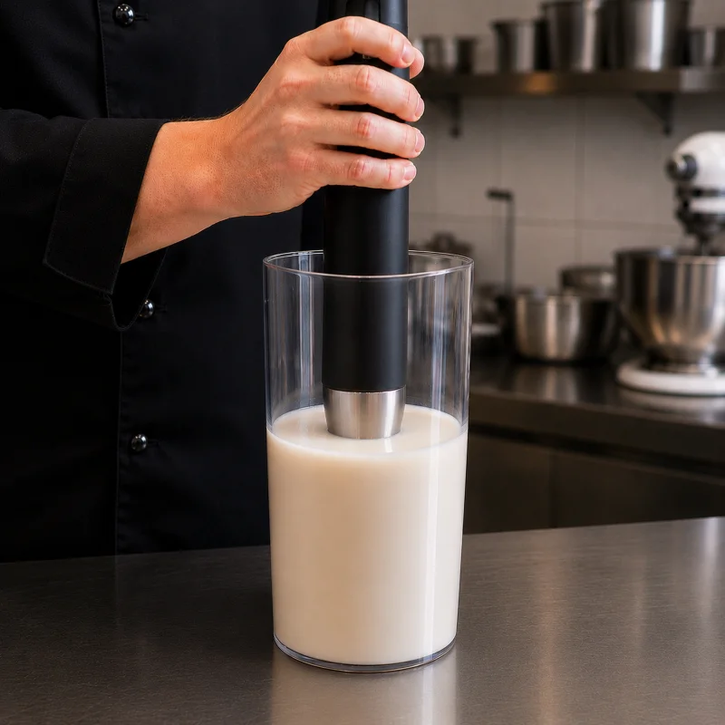 Mandelmilch in einem hohen Gefäß mit eingetauchtem Mixer und glatter Oberfläche ohne dicke Schaumschicht