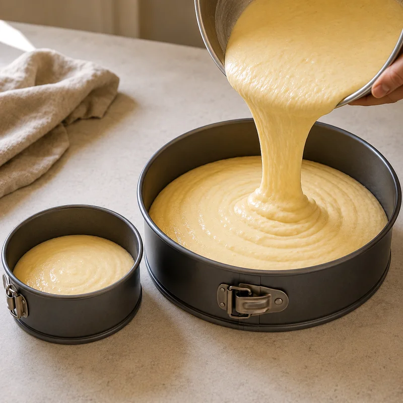 Cake batter being poured into a larger round pan after the recipe quantities have been scaled