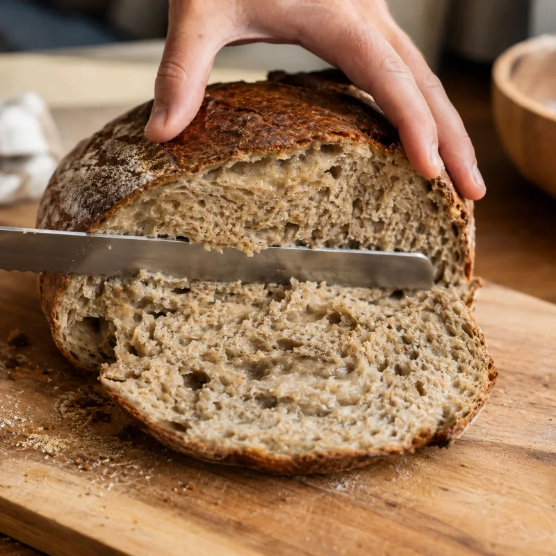 Cuchillo cortando un pan con miga ligeramente hundida y estructura debilitada