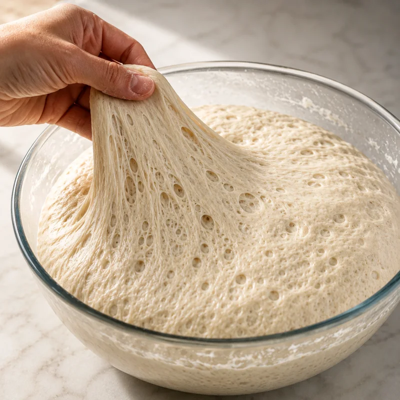 Koud gefermenteerd gevormd brooddeeg in een rijsmand in een professionele bakkerij voor het insnijden