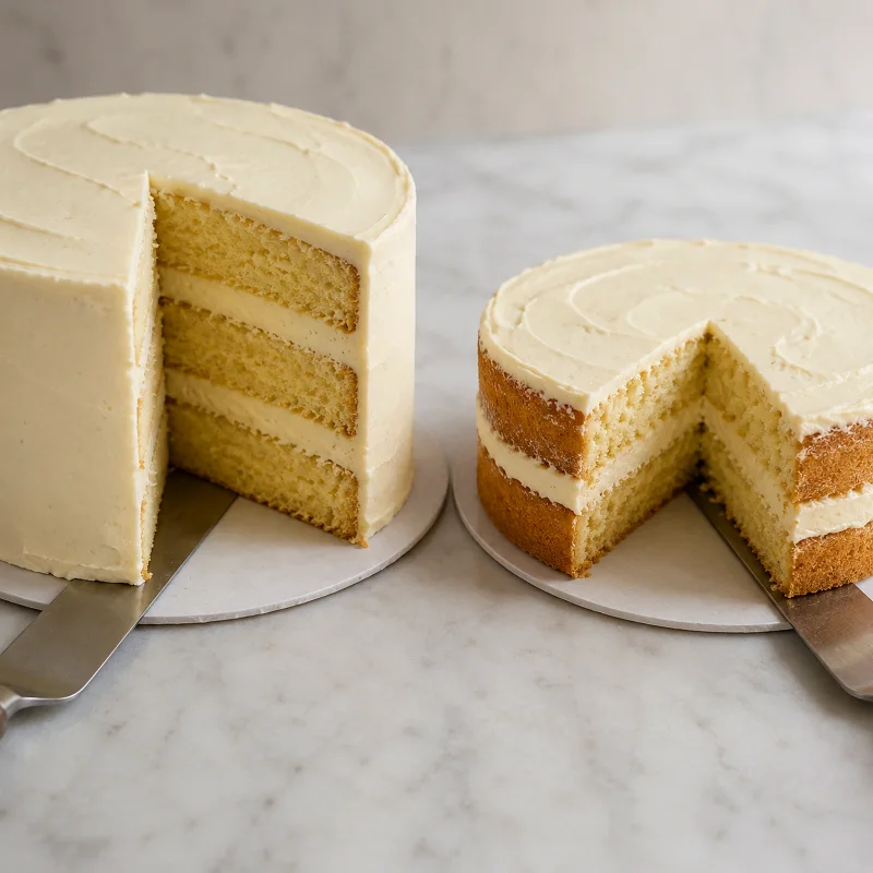 Sezione di due torte che mostra la differenza tra quantità d’impasto adattata correttamente e in modo errato