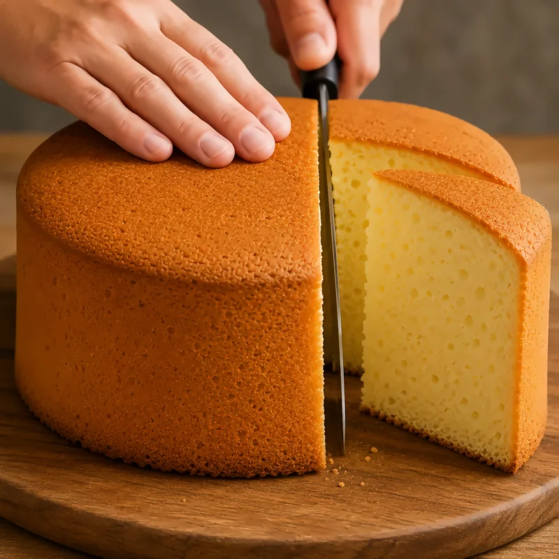 A sliced moist cake with an evenly soft crumb and no dry edge