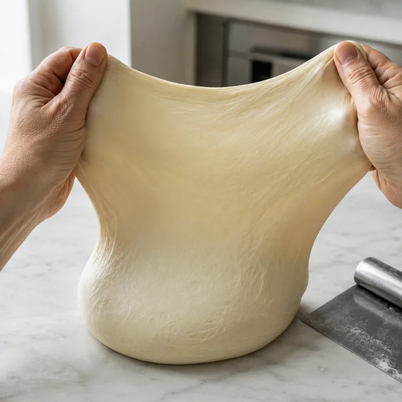 Una mano estira suavemente una masa lisa para comprobar su elasticidad antes del formado