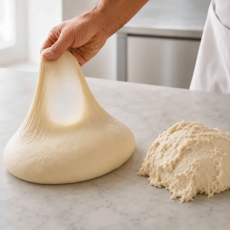 Roka razteza elastično testo, ob njem je mehkejše testo z manj napetosti