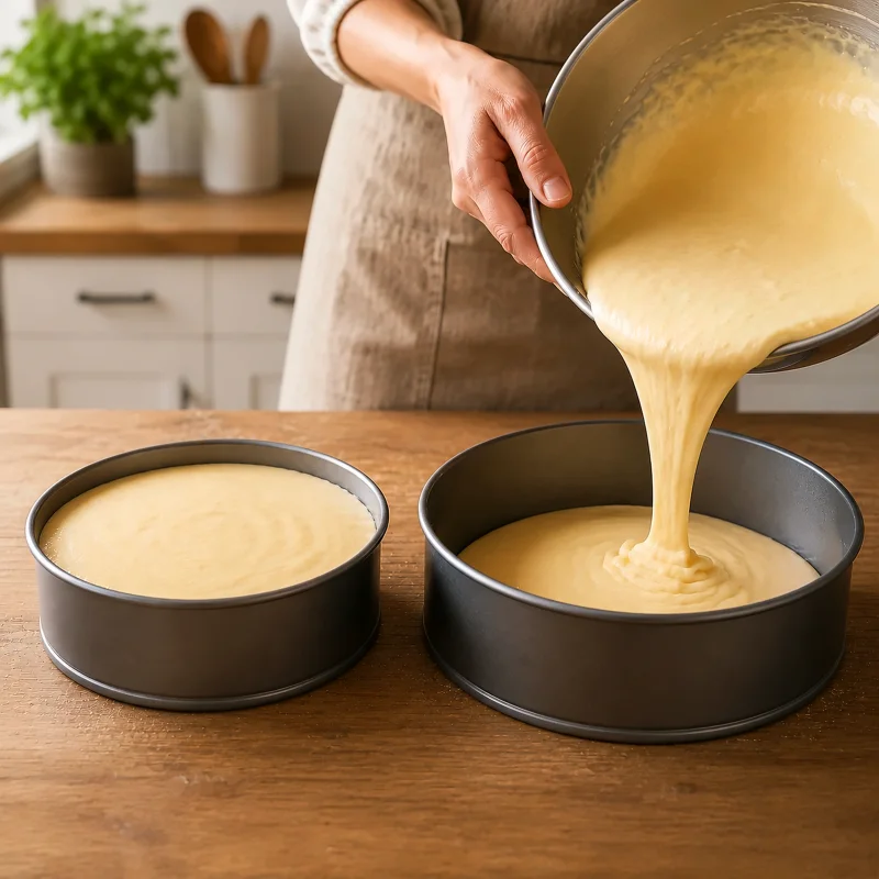Deux moules ronds de 18 cm et 24 cm contenant une profondeur comparable de pâte à gâteau dans un laboratoire de pâtisserie professionnel