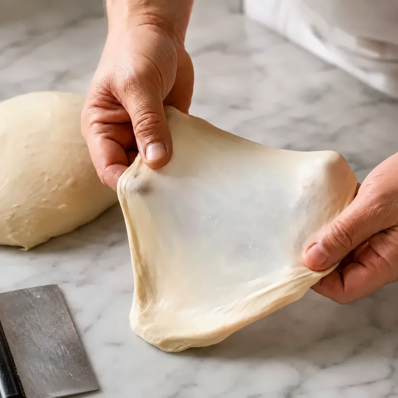 Manos estiran suavemente una masa de trigo lisa para mostrar una red de gluten desarrollada en una cocina profesional de panadería.