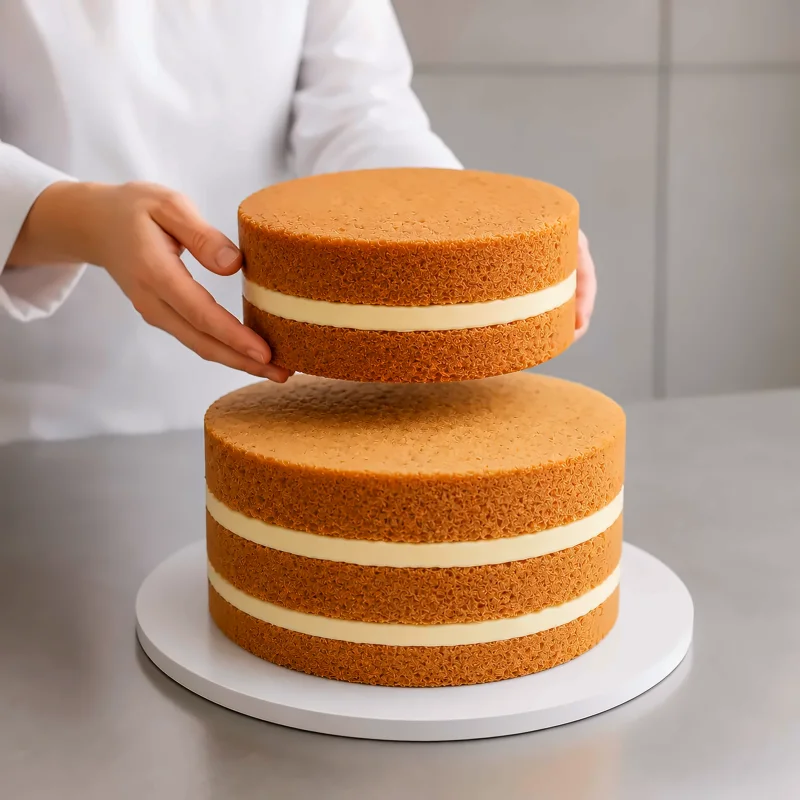 Préparation professionnelle d’un gâteau à étages avec plusieurs diamètres de moules et des quantités de pâte pesées séparément