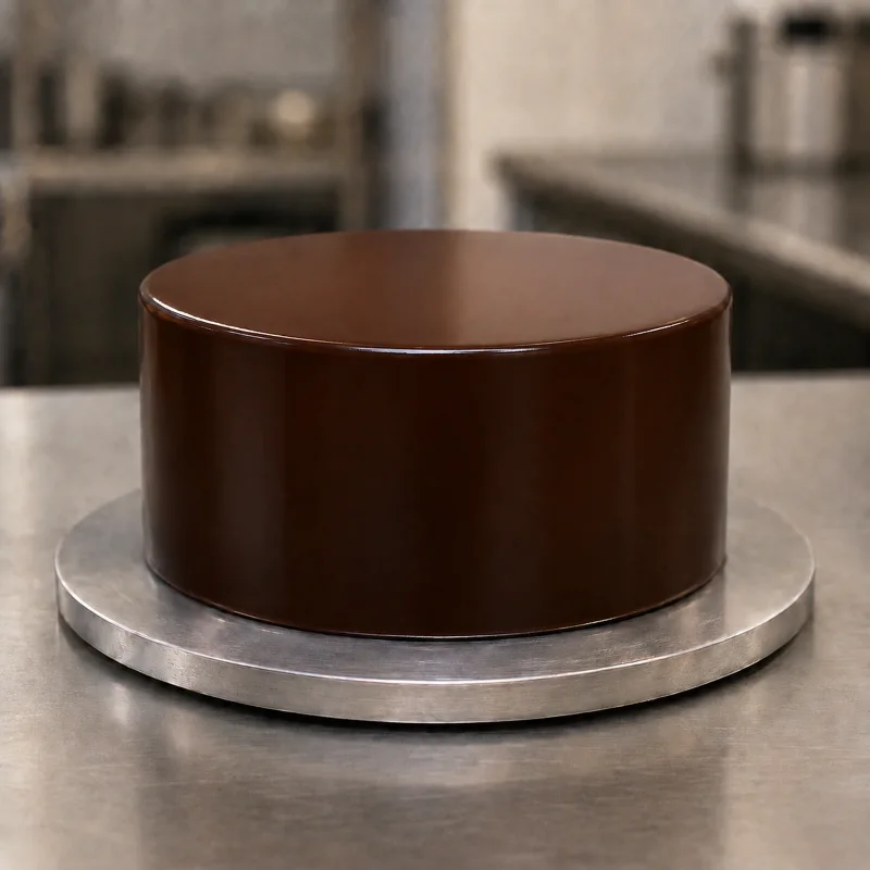 Glassa al cioccolato fondente lucida e senza macchie su una torta rotonda perfettamente liscia in una cucina professionale di pasticceria