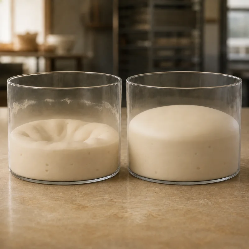 Masa bien fermentada y estable junto a una masa sobrefermentada y colapsada en recipientes iguales