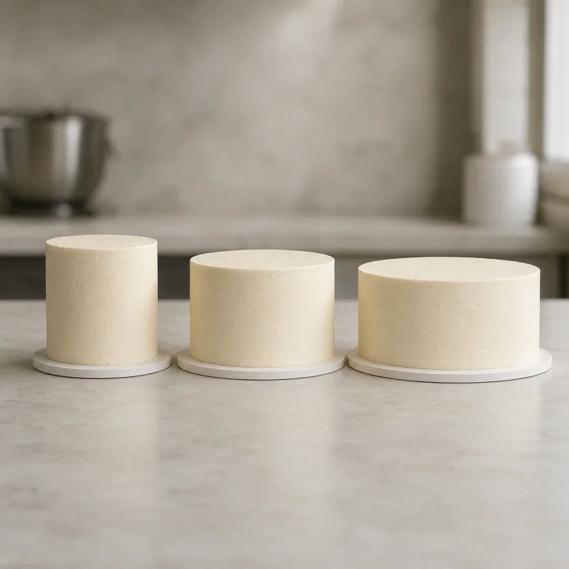 Three round cakes of different diameters compare finished height and volume in a professional pastry kitchen