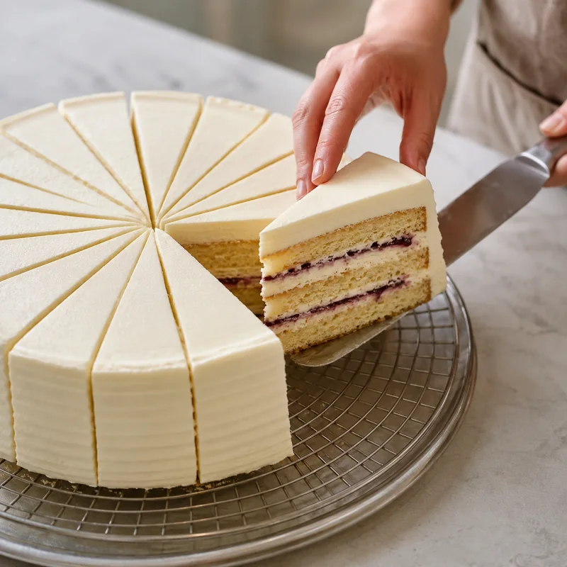 Večja torta se reže na enakomerne praznične rezine s stabilno kremo