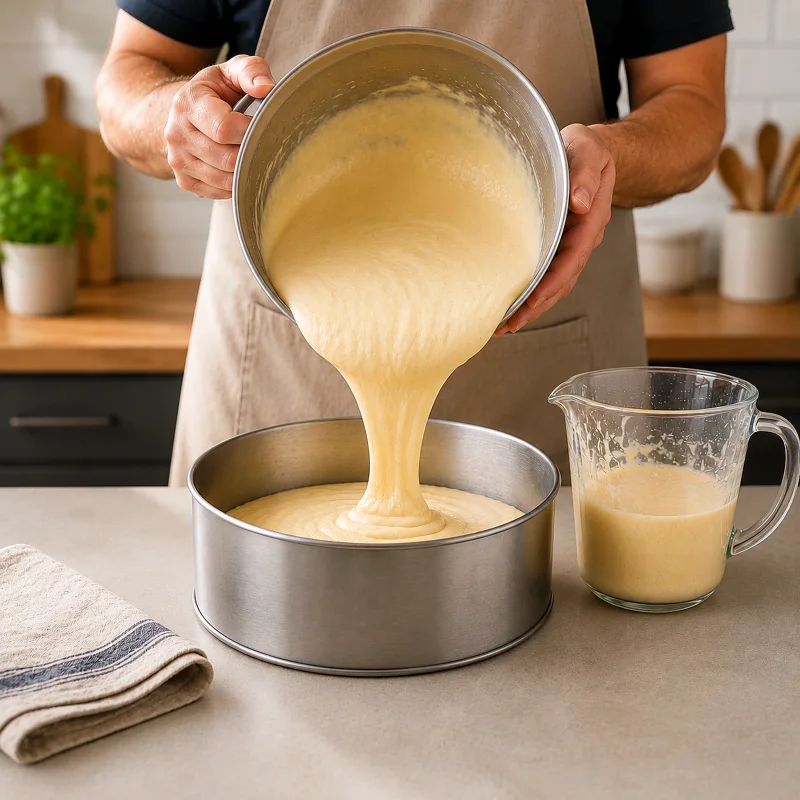 Impasto in due stampi tondi di diametri diversi in una cucina professionale di pasticceria
