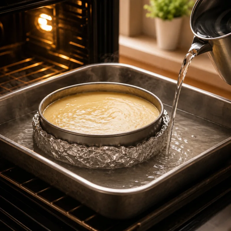 Heißes Wasser wird für ein Wasserbad in die äußere Form um eine Cheesecake-Backform gegossen