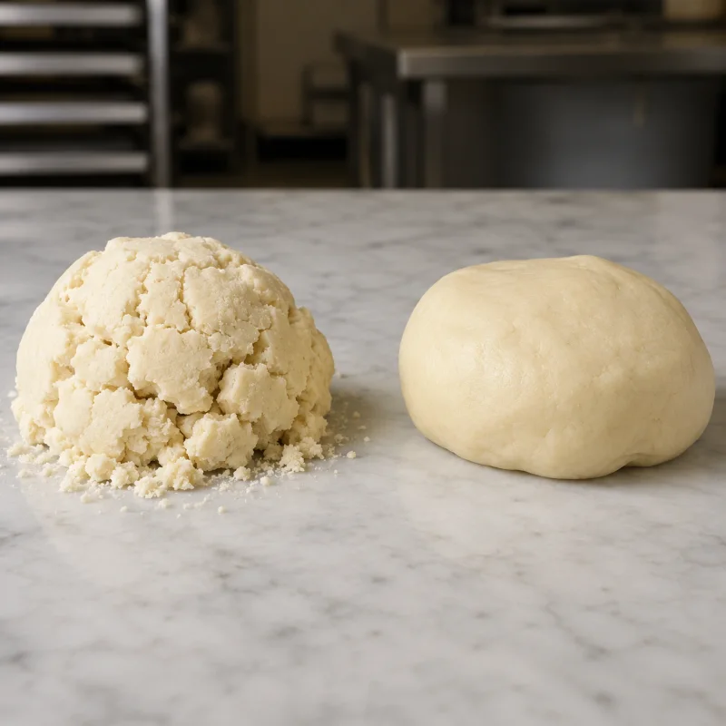 Comparison of a crumbly pale mixture and smoothly bound dough on a marble worktop in a professional kitchen