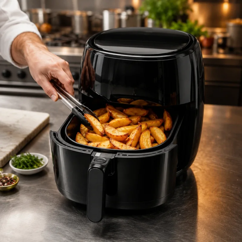 Odprt Air Fryer z zlato pečenimi krompirjevimi krhlji, ki jih kuhar preverja s kleščami v profesionalni kuhinji.