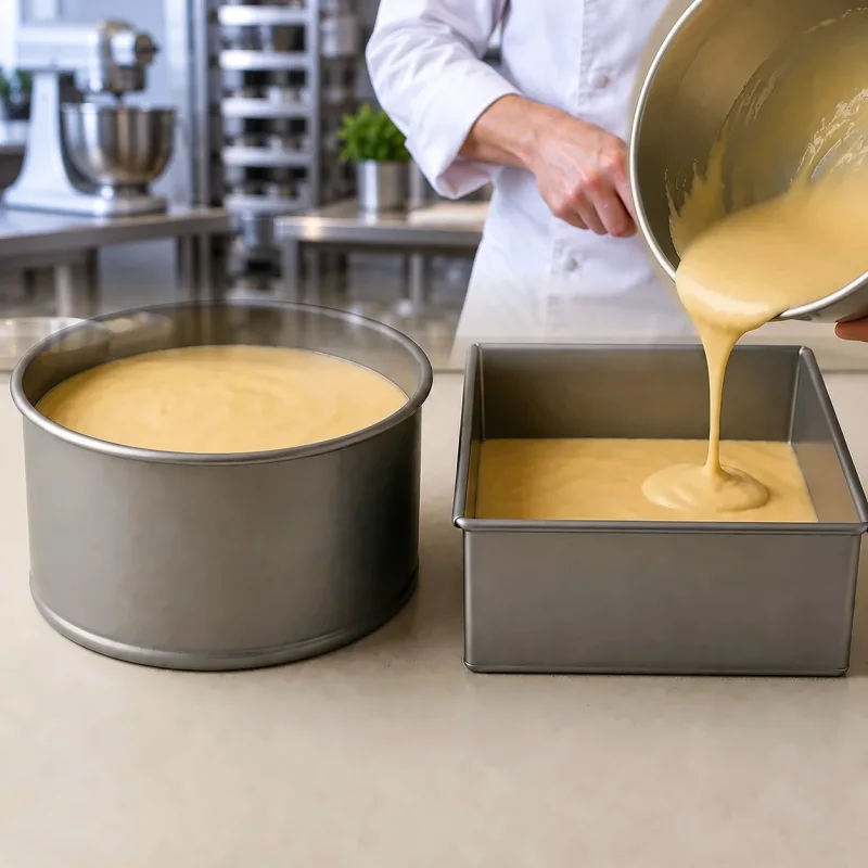 Gleicher Kuchenteig in runder und quadratischer Backform zeigt den Einfluss der Form auf die Teigtiefe