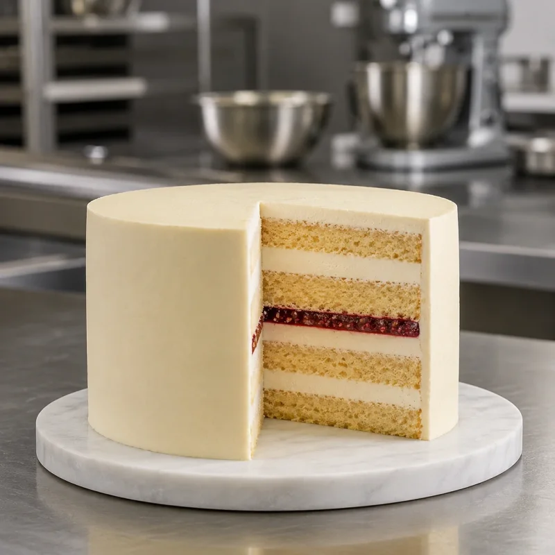 Cross-section of a stable multi-layer cake with level sponge and cream layers plus a fruit insert in a professional pastry kitchen