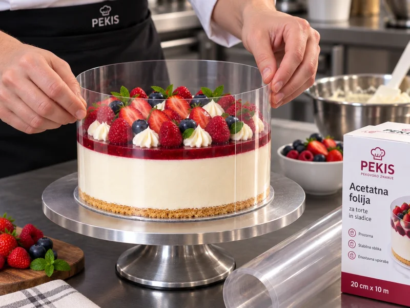 Slaščičar poravnava prozorno acetatno folijo okoli mousse torte v profesionalni kuhinji.