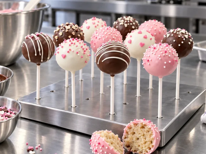 Čokoladni in rožnati cake popsi na palčkah na inox pultu profesionalne slaščičarske kuhinje
