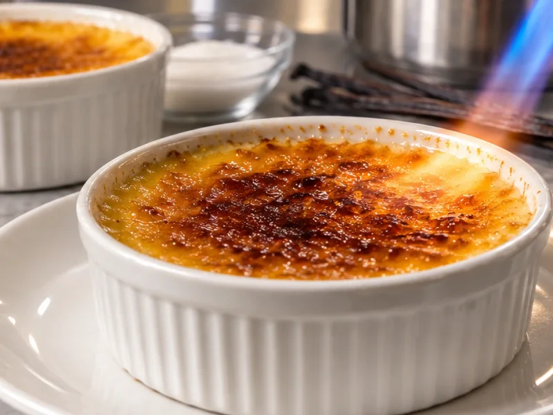 Crème brûlée s tanko karamelno skorjico v profesionalni slaščičarski kuhinji