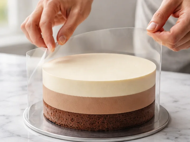 Roke nameščajo prozorno acetatno folijo okoli večplastne mousse torte