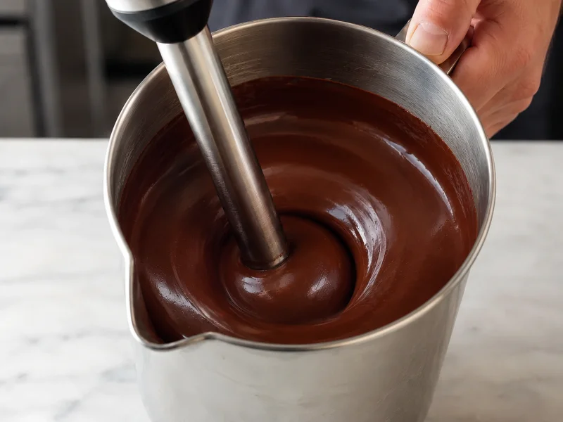 Potopni mešalnik povezuje čokoladni ganache v gladko in sijočo emulzijo