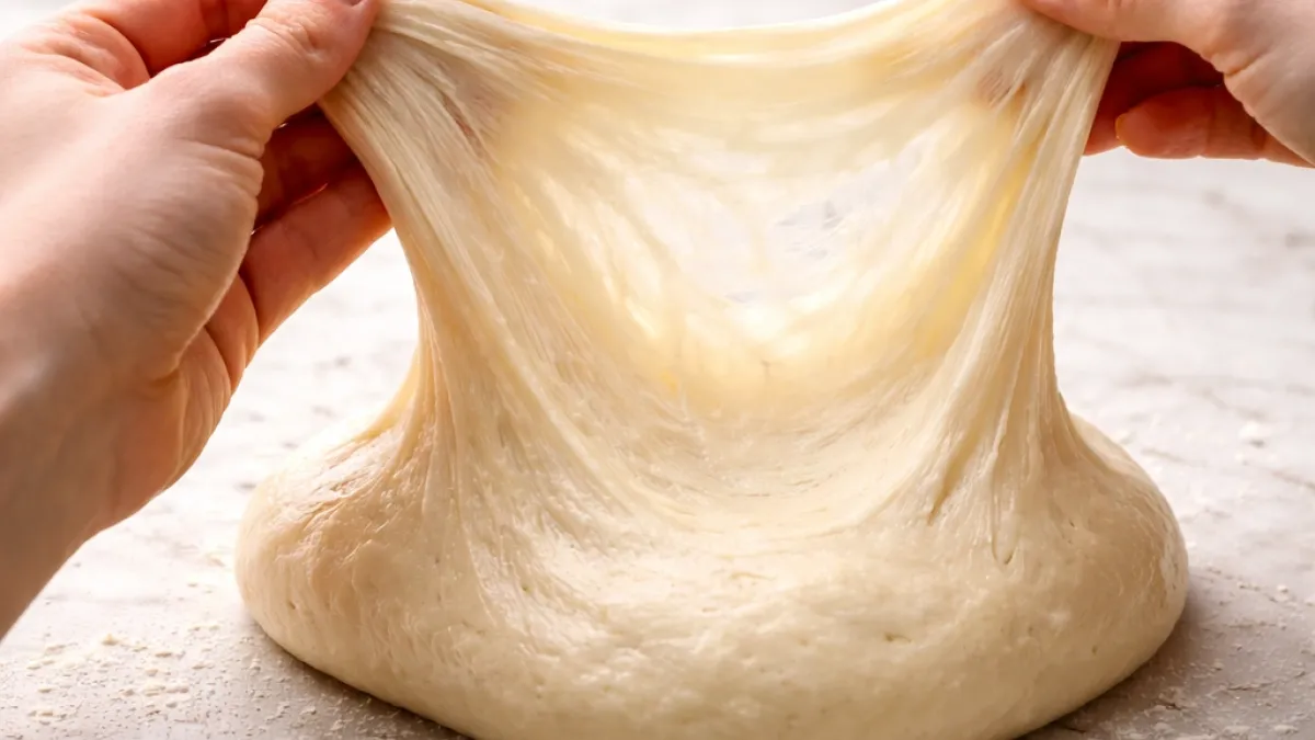 Raztegovanje elastičnega testa z vidno glutensko mrežo in napeto strukturo
